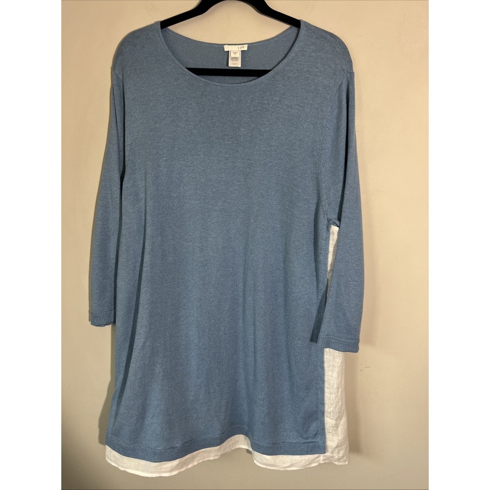 J. Jill Women's Linen Blend Tunic Panels Size XL Blue White Coastal Lagenlook